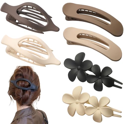 6 PCS Flat Hair Clips, French Lay Flat Claw Clips for Women Girls, 3 Styles Strong Hold Non-slip Matte Hair Claws for Thin Thick Hair(Brown&White)