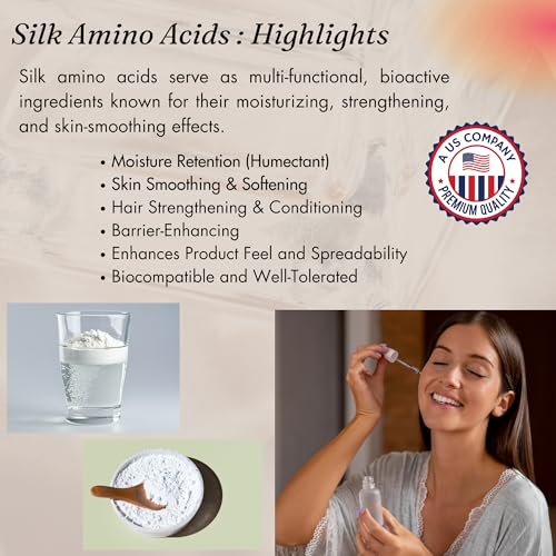 Hydrolyzed Silk Amino Acid Powder Cosmetic Grade for Hair Skin Nails Moisture Retention 100% Pure Use in Formulations or Add to Your Favorite Products (2 oz)