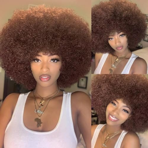 Short Afro Wig with Bangs for Black Women Afro Kinky Curly Wig 70s Premium Synthetic Big Afro Wigs(Red Brown)