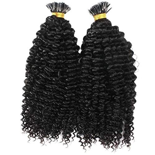 Long Kinky Curly Pre Bonded Fusion I Tip Human Hair Extension Mongolian Human Hair I Tip Hair Extensions 100g/100 strands (24inch 100Strands, #Natural Color)