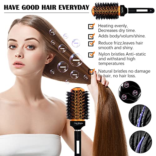 Round Ceramic Ion Thermal Barrel Brush Set with Boar Bristles - 4 Different Sizes for Blow Drying, Straightening, Adding Volume and Shine, Plus Curved Vented Brush