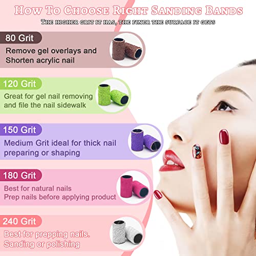 240Grit Nail Sanding Bands for Nail Drill, 100Pcs Fine Grit Nail Sanding Bands for Nail Drill with 3/32¡± Nail Sanding Bit for Natural Nail, Sanding Band for Nail Drill Set for Manicure & Pedicure