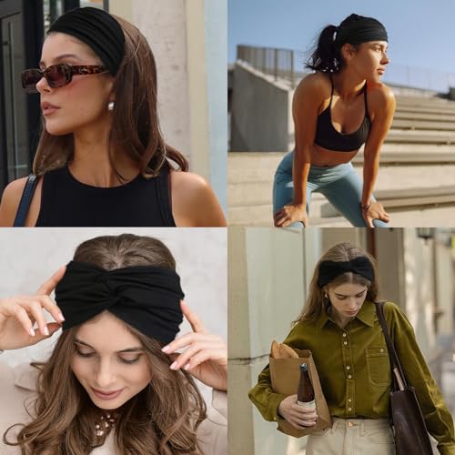 Wide Headbands for Women Black Stylish Head Wraps Multi Styles, Fashion Non Slip Head Bands for Women's Hair Thick Hairbands Extra Large African Sport Yoga Turban Headband Hair Accessories, 3 Packs