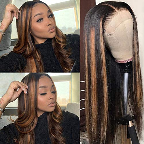 Highlight Ombre Lace Front Wig Human Hair 28 Inch Black Mixed Honey Blonde #1B/30 Colored Pre Plucked Bleached Knots 13x4 HD Transparent Lace Front Wigs 150% Density for Women Glueless Virgin Hair