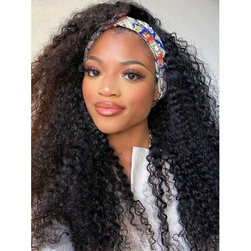 V SHOW Glueless Curly Headband Wig Human Hair 180% Density Thick Throw & Go Kinky Curly Headband Wigs for Women 16 Inch None Lace Front Wigs Wear and Go Glueless Human Hair Wigs