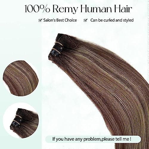 Human Hair Clip in Extensions Brown to Blonde Balayage Clip ins Extensions Remy Human Hair 16 Inch Clip on Extension Bleach Blonde Highlights Hair Extensions for Women Clip in 7Pcs 70g
