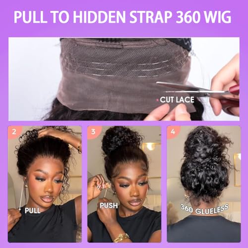 Deep Wave 360 Lace Front Wigs Human Hair Curly Wig Hidden Strap HD Full Lace Human Hair Wigs Pre Plucked with Drawstring 180% Density Deep Curly 360 Glueless Wigs Human Hair for Women 24 Inch