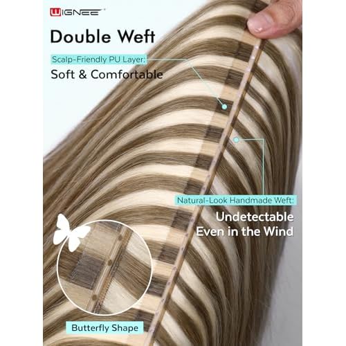 WIGNEE OVO Butterfly Hair Extensions Real Human Hair Blonde Ombre 18 Inch Seamless Invisible Glueless Salon Quality with Micro Beads Add Volume & Length for White Women(9A/60)