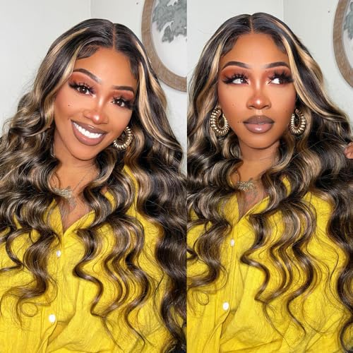 Blomas 200% Density 28 Inch Balayage 1B/27 Highlight Lace Front Wig Human Hair Body Wave Frontal Wigs for Women Human Hair 13x4 HD Glusless Lace Front Wigs Natural Hairline Pre Plucked with Baby Hair