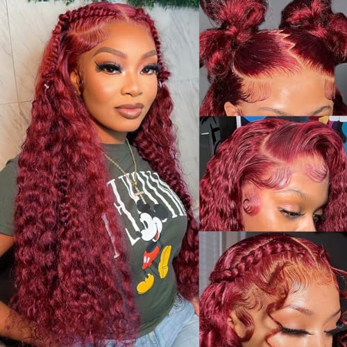 Hedy 99J Burgundy Deep Wave Human Hair Wigs for Women Pre Plucked with Baby Hair Glueless 13x6 HD Transparent Curly Lace Front Wigs Human Hair 180% Density Deep Wave Lace Frontal Wigs 22 Inch