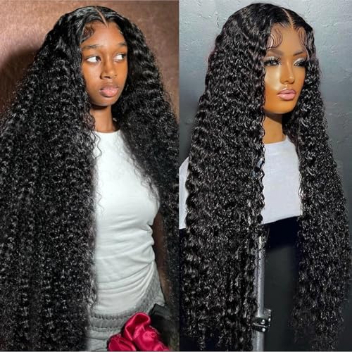 30 Inch Deep Wave Lace Front Wigs Human Hair for Women 4X4 Hd Lace Closure Brazilian Virgin Wig Wet and Wavy Wear and Go Glueless Wigs Pre Plucked Bleached Knots Natural Black