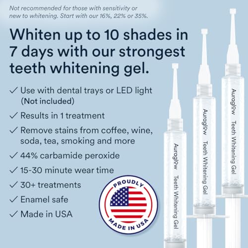 Auraglow 44% Teeth Whitening Gel Syringe Refill Pack, 44% Carbamide Peroxide, (3X) 5ml Syringes, 30 Whitening Treatments