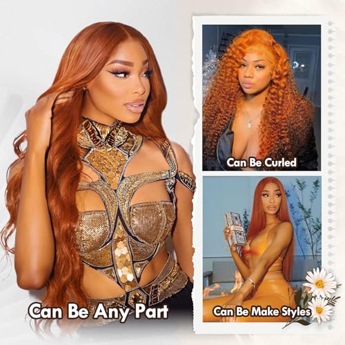 Ginger Lace Front Wigs Human Hair, 13x6 HD Body Wave Ginger Lace Frontal Wigs Human Hair Pre Plucked with Baby Hair,180 Density Glueless 350 Colored Wigs Orange Wig Human Hair for Women 28inch