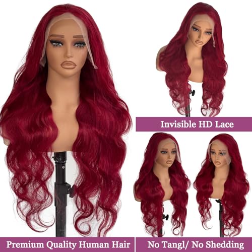 Ubetta 99j Burgundy Lace Front Wigs Human Hair, Body Wave 13x6 Lace Front Wigs Human Hair, 32 Inch Glueless Wigs Human Hair Pre Plucked 180% Denstiy Red Burgundy Lace Frontal Wigs for Black Women