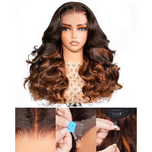 Arabella Pre Everything 13x6 Full Lace Body Wave Glueless Wig Human Hair Pre Plucked Pre Cut Omber Highlight Dark Brown 230% Density Lace Bleached Knots Ready to Go Wig 20 inch
