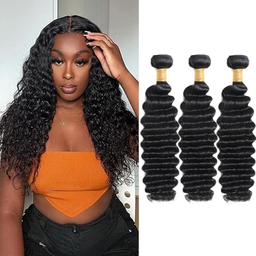 Savasana 12A Human Hair Bundles 20 22 24 Inch 3 Deep Wave Bundles, 100% Unprocessed Brazilian Virgin Human Hair Raw Hair Quick Weave Installation Real Human Hair for Women Natural Black