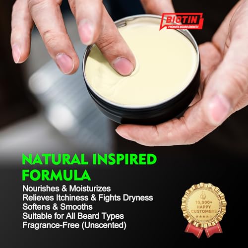 Biotin Beard Balm for Men ? Unscented, Fast-Absorbing Beard Softener & Growth Balm with Castor, Shea & Jojoba ? Conditions, Styles & Thickens Coarse or Patchy Facial Hair ? Idea Gift for Him ? 2 OZ