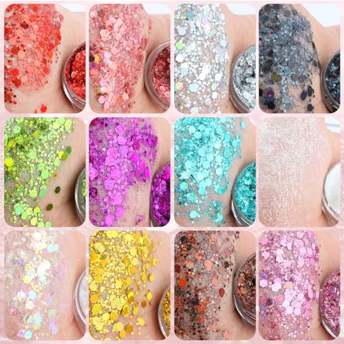 Body Glitter, Face Glitter, Hair Glitter,YGQQOY Holographic Concerts Festival Rave Chunky Glitter Gel, 12 Colors