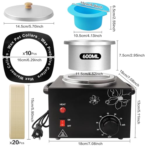 Portable Wax Warmer Machine for Painless Hair Removal, Women Men Professional Wax Heater with Adjustable Temperature Set, 20pcs Sticks, 1 Silicone Bowl (Black- Single Pot)
