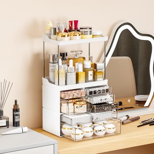 Yieach Acrylic Makeup Organizer Countertop,Large Skincare Organizer for Dresser Top,Plastic Bathroom Counter Organizers and Storage for Beauty,Cosmetic,Hair Products,Lotion and Perfume Organizer,Black