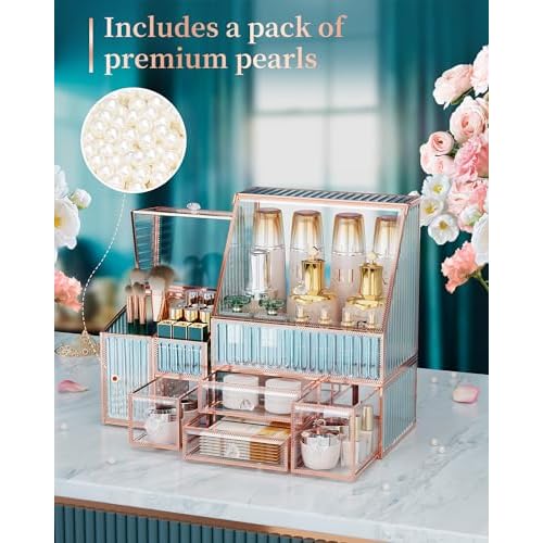 Glass Makeup Organizer - Multi-Functional 3-in-1 Cosmetic Organizer for Skincare, Lipstick, Brushes - Vanity Organizer & Bathroom Organizer