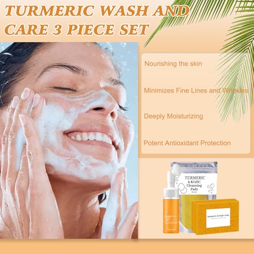 4Pcs Turmeric Wash and Care Three Piece Set,Turmeric Trio: Facial Wash,Cleansing Mousse & Soap for Skin Care,Turmeric Cleansing Exfoliating Pads,Turmeric Face Wash for Face & Body