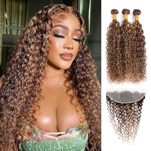 Highlight Honey Blonde Curly Bundles With Frontal 14 16 18+14 Inch, Water Wave 4/27 Ombre Color Bundles 13x4 Closure Ear to Ear Melt Lace, 100% Virgin Human Hair Wet And Wavy Brown Weave With Frontal