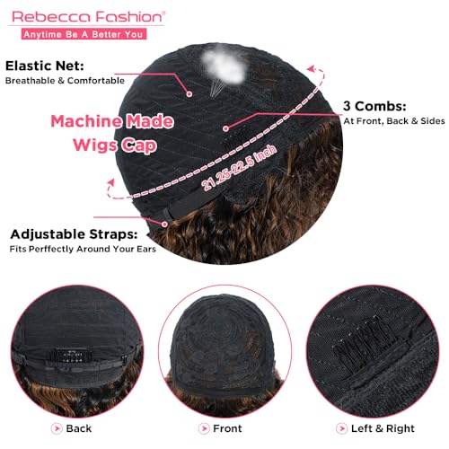 Rebecca Fashion Highlight Curly Bob Human Hair Wig with Bangs 12 Inch Short Curly Water Wave Bob Wig Human Hair Wigs for Black Women Glueless Wig 100% Brazilian Remy Hair Black Mixed Brown Color