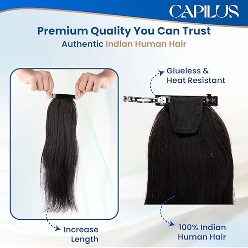 Capilus Flat Clip-In Ponytail Hair Extensions Natural Human Hair Changeable Clip Instant Volume & Length Original Human Hair Ponytail Extension for Women (Black, 14 Inch)