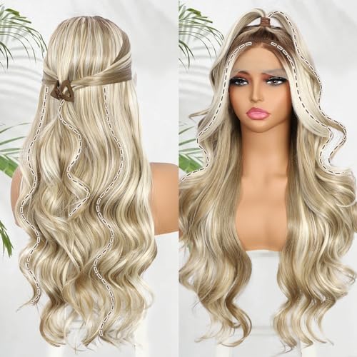 Highlight Blonde Lace Front Wig for Women 13x4 Body Wave Synthetic Wigs Balayage Pre-plucked Long Wavy Wig 150% Density Heat Resistant Hair Replacement Wigs 26 Inch