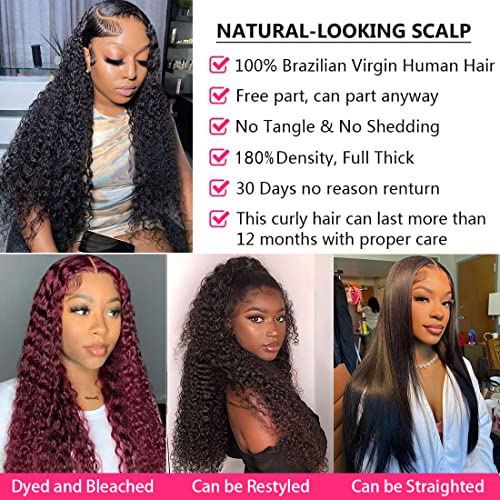 Deep Wave Lace Front Wigs Human Hair 13x4 HD Transparent Lace Frontal Curly Wigs for Women Human Hair 180% Density Glueless Wigs Human Hair Pre Plucked with Baby Hair Natural Color (30 Inch)