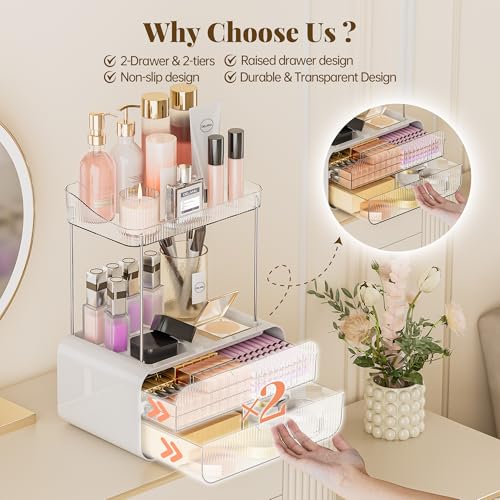 Delamu Bathroom Counter Organizer 2-Drawers 2-Tier Acrylic Makeup Organizer for Vanity Countertop, Skincare Perfume Storage, Easy Assembly, Ideal Gift for Women, Bath Linen Sets, Clear