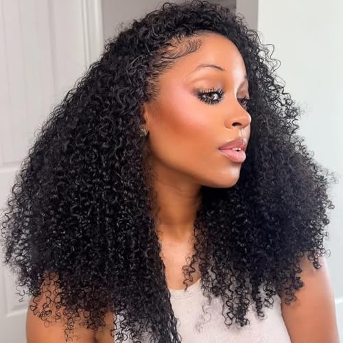 Kinky Curly Half Wig Human Hair Wear Go Glueless Wigs Human Hair 200 Density 3 In 1 Seamless Flip Over Half Wigs Beginner Friendly Kinky Curly Wig Human Hair Drawstring Headband Wig for Women 24 Inch