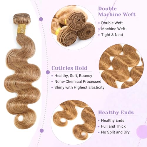 27# Honey Blonde Body Wave Bundles 100% Real Human Hair Bundles 20 22 24 Inch For Quick Weave Double Weft Can Be Dyed and Restyled