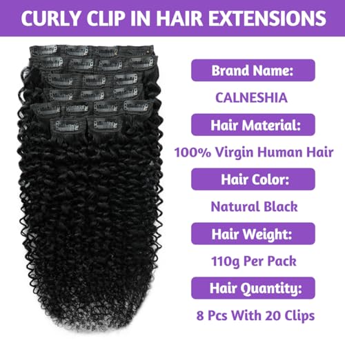 3C 4A Curly Clip In Hair Extensions Real Human Hair 20 Inch 110g 8pcs Kinky Curly Clip Ins Full Head for Black Women 100% Brazilian Remy Human Hair Extensions Natural Color with 20 Clips