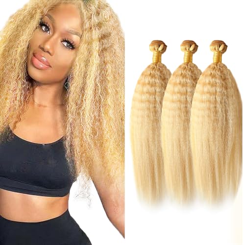 P27/613 Honey Blonde Bundles Yaki Straight Bundles Human Hair 12 14 16 Inch 3 Bundles Human Hair Unprocessed Brazilian Virgin Weave Hairs Highlight Blonde Extensions 50 Gram Per Bundle