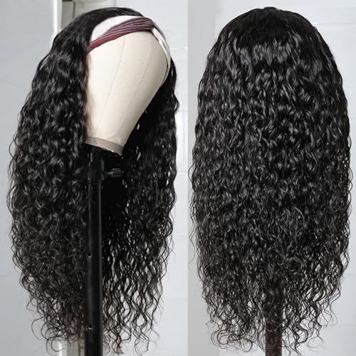 haha Water Wave Headband Wig Human Hair Curly Headband Wigs None Lace Front Wig Wet and Wavy Brazilian Virgin Human Hair Glueless Wig Easy to Wear Half Wig 150% Density 20 Inch 150% Density