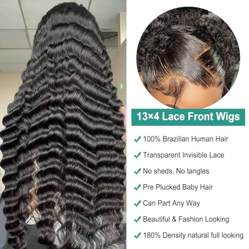 Deep Wave HD Lace Frontal Wig Human Hair 13x4 Lace Front Wigs Deep Wave 180 Density Pre Plucked HD Lace Front Human Hair Wigs for Women Frontal Wig Natural Color (32 Inch)