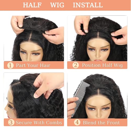 Half Wig Human Hair Deep Wave 3 In 1 Half Wigs for Black Women 200% Density Wear and Go Glueless Wigs Human Hair Drawstring Ponytail Seamless Flip Over No Lace Headband Wig Beginner Friendly 22 Inch