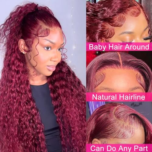 99J Burgundy Wig Human Hair 30inch 13x6 Deep Wave Lace Front Wigs Human Hair Glueless Wigs Human Hair Pre Plucked HD Transparent Lace Frontal Wigs for Black Women Deep Curly Red Colored Wig