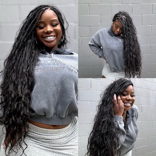 Pre-looped Crochet Boho Faux Locs with Human Hair body wave Ends Boho Hair Braids Goddess Dreadlocks Hair for Black Women Natural Color 26 Inch (Pack of 2)
