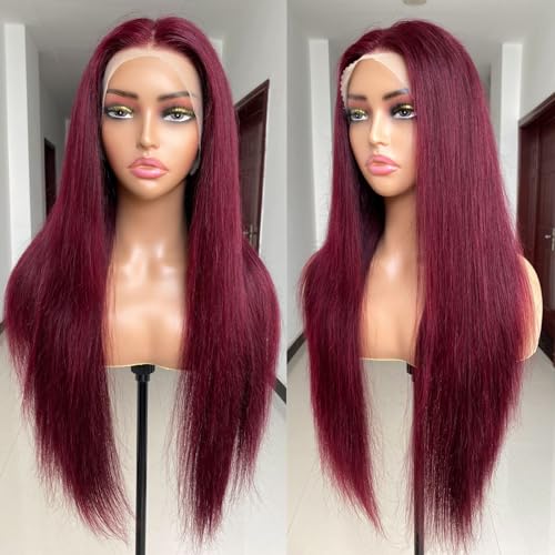 REMY HAIR 13x4 Lace Front Wigs 99J Burgundy Lace Front Wigs Pre Plucked Red Wig with Baby Hair, Straight Red Lace Front Wigs Human Hair for Black Women 150% Density (20 Inch)