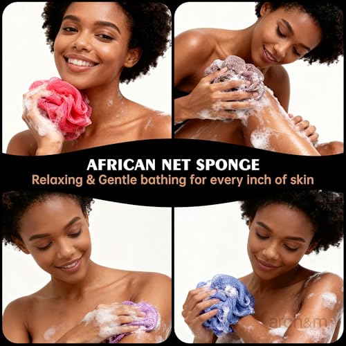 African Net Sponge Authentic Exfoliating - Exfoliating Body Scrub Bath Sponge Back Scrubber Washcloth for Shower Toiletry Bag Real Afroscrub Exfoliator Bathing Care Accessories Purple + Pink ARCH&M