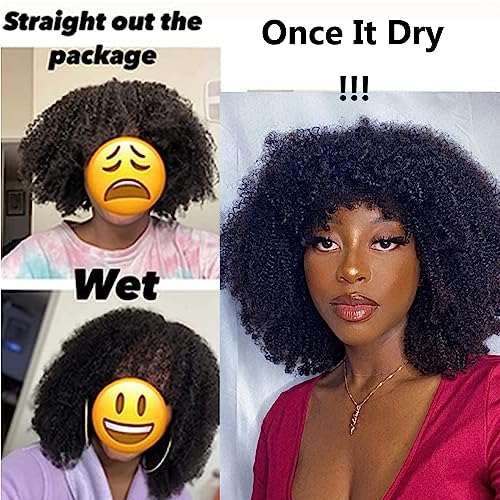 Afro Kinky Curly Wig with bangs Glueless Scalp Top Full Machine Made Human Hair Wigs for Black Women 200Density Kinky Curly Brazilian Human Hair Wig 16inch Natural Color