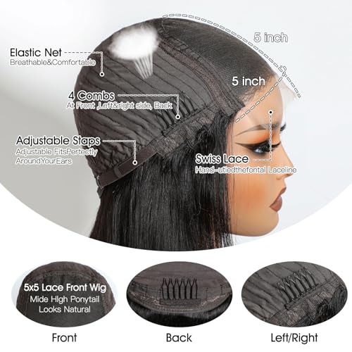 IWISH Glueless Wigs Human Hair Pre Plucked Pre Cut Brazilian Human Hair Wig Straight 5x5 HD Lace Closure for Women Natural Black Color 22 Inch