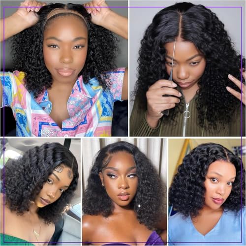 Bob Wig Human Hair Glueless Wigs Human Hair Pre Plucked Pre Cut 5x5 Short Curly Human Hair Wig For Black Women 180 Density Deep Wave Closure Wigs Human Hair 14 Inches Natural Black