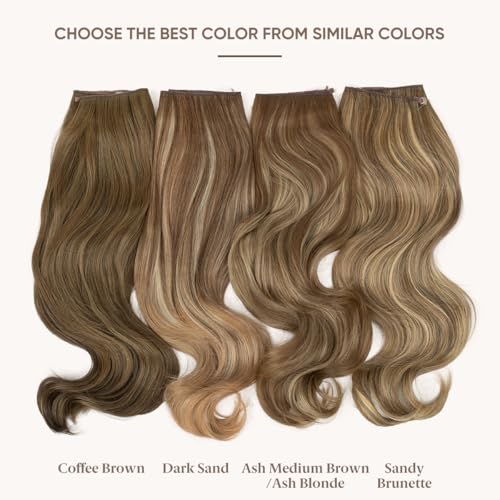 SARLA Invisible Wire Hair Extensions with 3 Clips Long Synthetic Wavy Curly Hairpiece Adjustable Transparent Headband for Women 18 Inch Ash Medium Brown/Ash Blonde Highlights