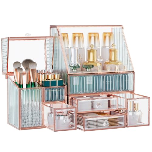 Glass Makeup Organizer - Multi-Functional 3-in-1 Cosmetic Organizer for Skincare, Lipstick, Brushes - Vanity Organizer & Bathroom Organizer