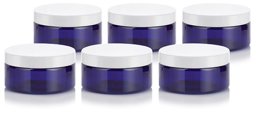 8 oz Cobalt Blue PET Plastic Refillable Low Profile Jar with White Lid (6 pack)