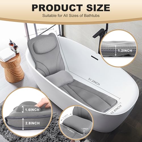 Extra Long Thick Full Body Bath Pillow for Tub with Lumbar Pillow- Luxury 4D Air Mesh Bathtub Pillow with Head, Shoulder & Back Support, Non-Slip Bath Cushion with Suction Cups, Fits All Tubs-Gray